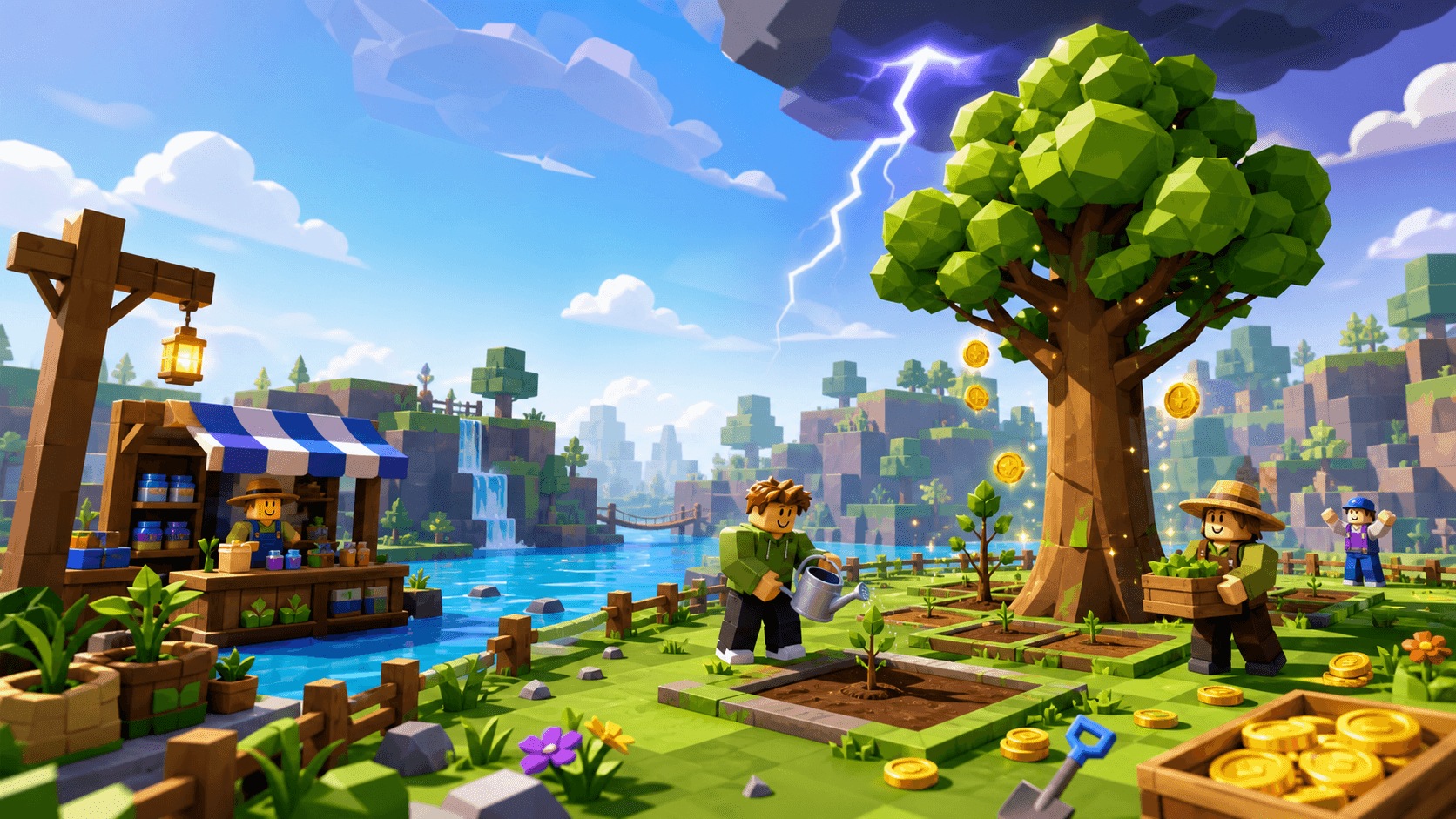 Original Roblox-style guide artwork showing river seeds, planting plots, a tall tree, coins, and lightning risk